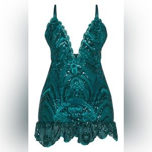 PrettyLittleThing "Emerald Green Sequin Lace Frill Hem Bodycon Dress". US size 4